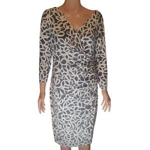 Lauren Ralph Lauren Faux Wrap Midi Dress 12 White Gray Floral Ruched Jersey CBK
